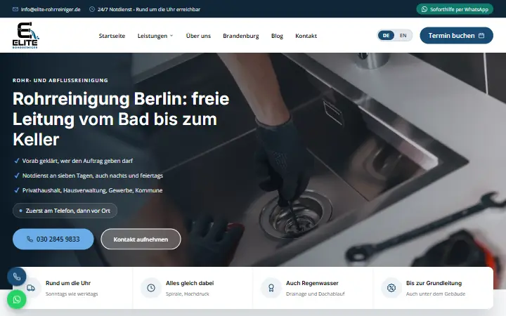 Homepage of Elite Rohrreiniger on desktop